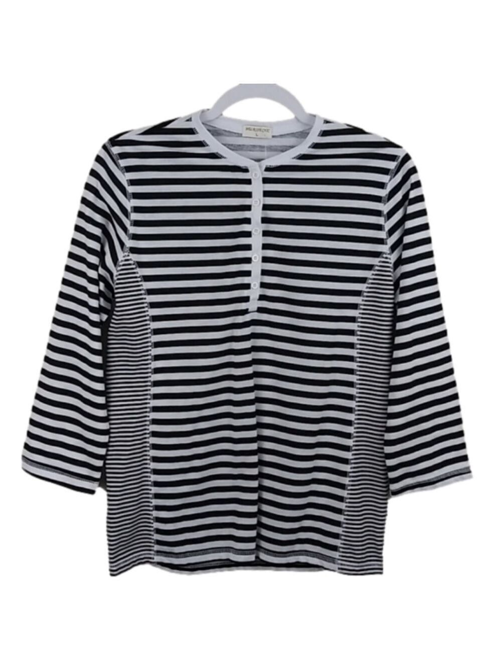 Melrose Chic Black White Striped 3/4 Button Front Elbow Long Sleeve Pull…